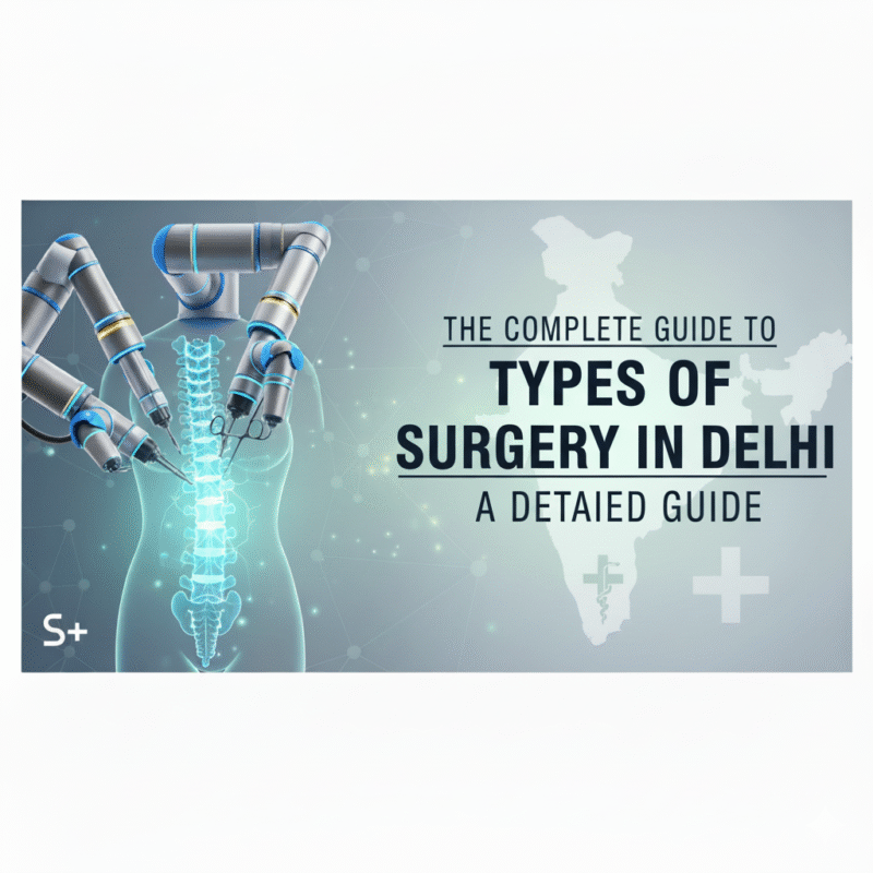 Illustration of robotic surgical arms and a female reproductive system with text highlighting advanced medical care, symbolizing modern healthcare solutions similar to the availability of Types of Spine Surgery in Delhi.