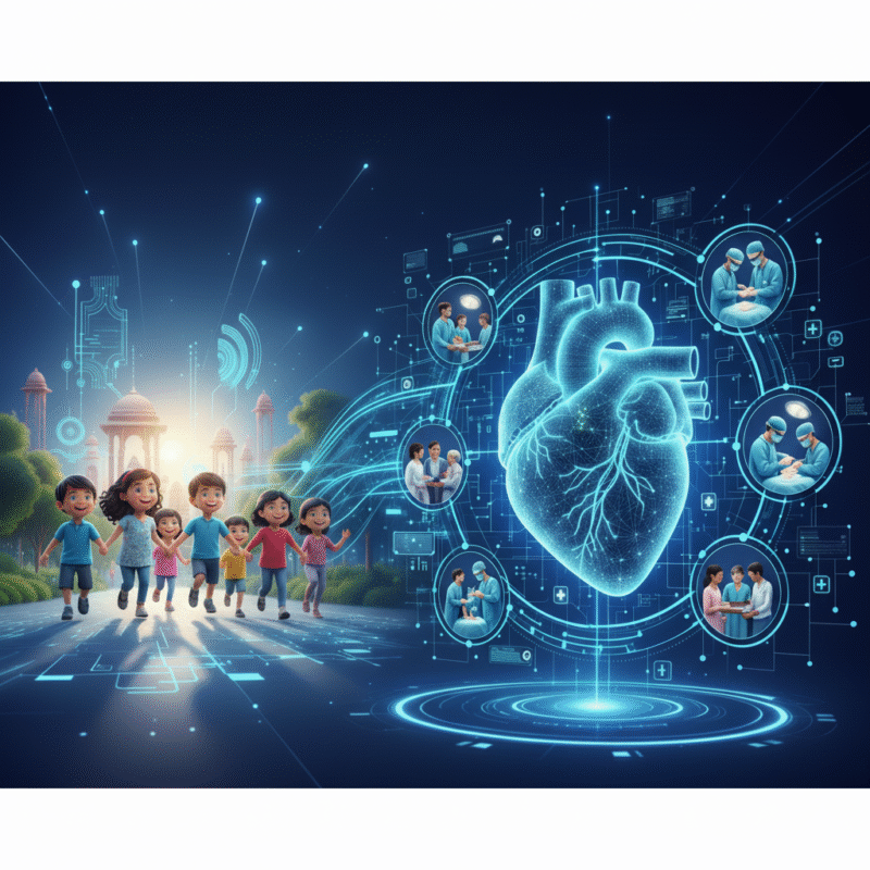 Illustration of children running happily with a futuristic digital heart diagram, showing pediatric cardiac care and advanced surgery in India.