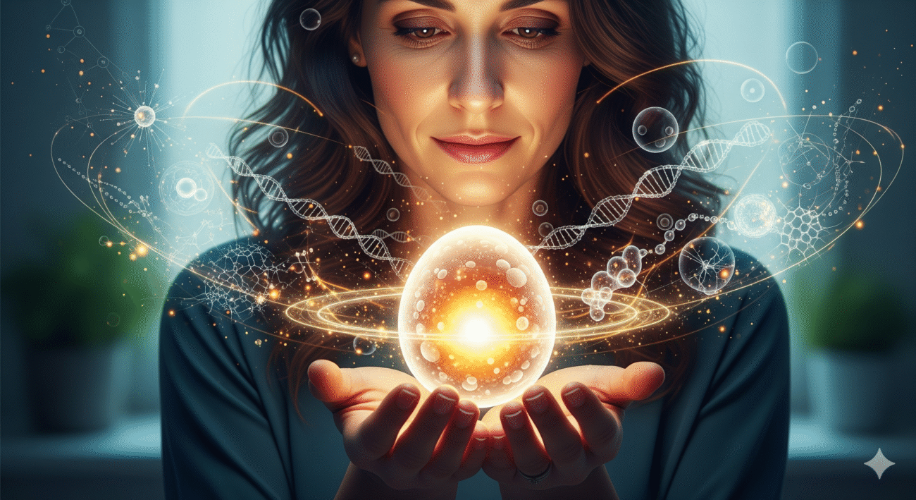 A young woman holding a glowing egg surrounded by DNA strands and fertility symbols, representing IVF, egg freezing, and fertility tourism in India.