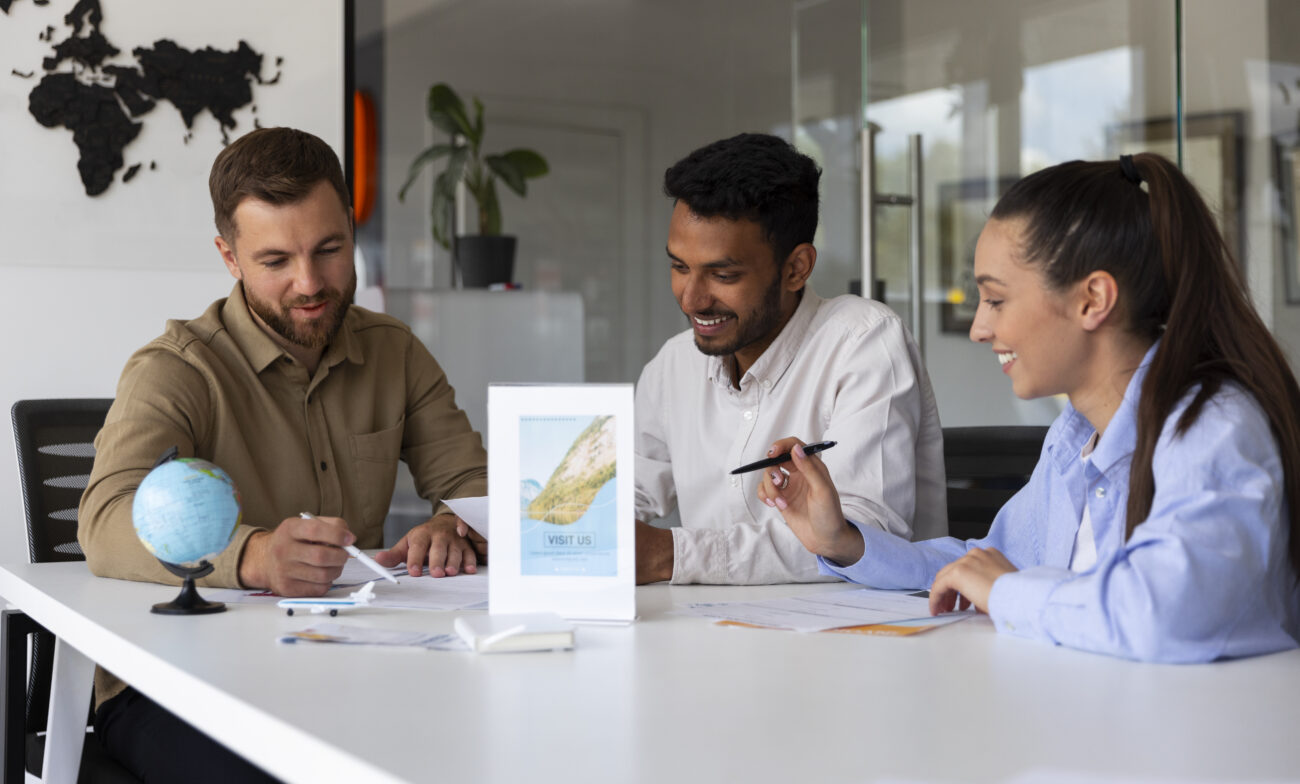 International medical tourism consultation at a modern travel agency office in India, representing ethical and safe healthcare travel guidance."