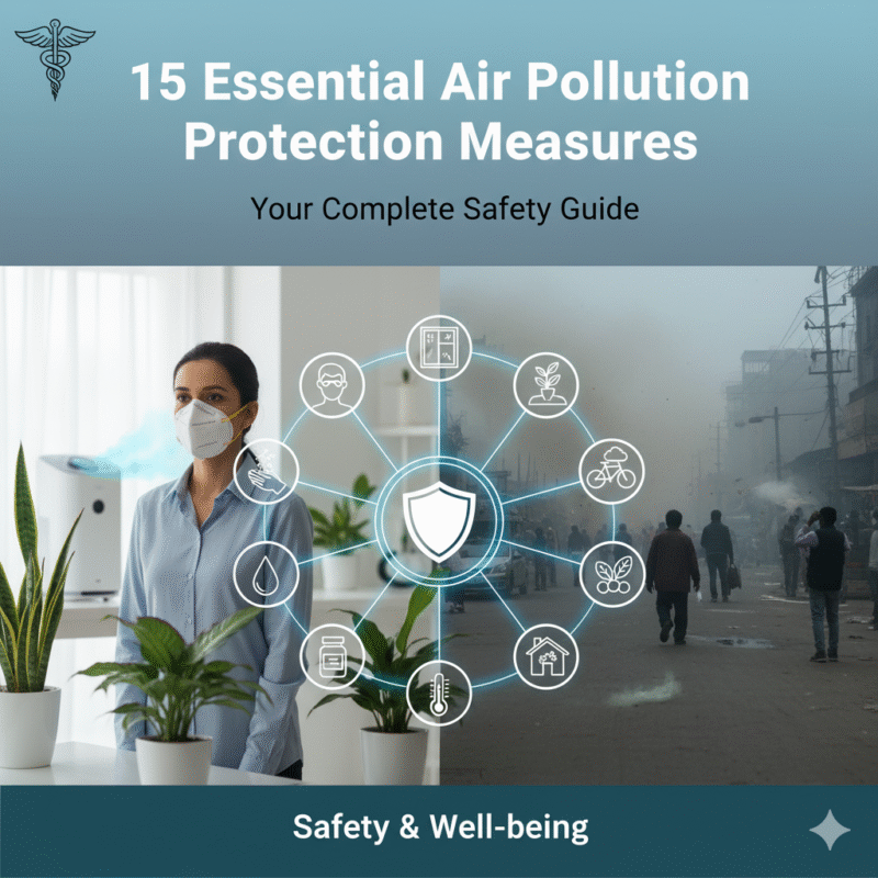 A woman wearing a protective face mask stands indoors surrounded by green plants, representing clean air, while the other half shows a polluted city street. Digital safety icons illustrate air protection measures.