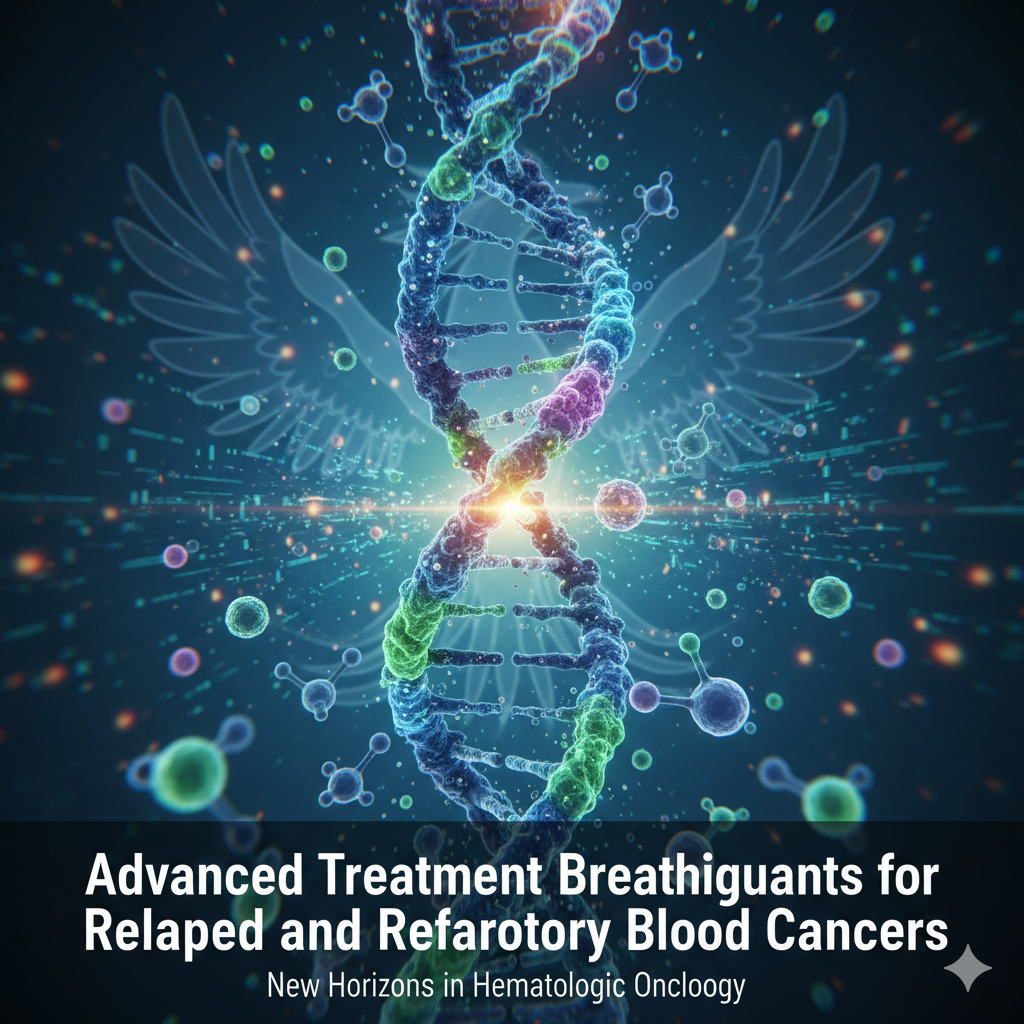 A vibrant digital illustration of a DNA double helix glowing with energy, surrounded by molecular structures and stylized angel wings, symbolizing innovation and hope in advanced blood cancer treatment. The text reads, “Advanced Treatment Breakthroughs for Relapsed and Refractory Blood Cancers. New Horizons in Hematologic Oncology.”