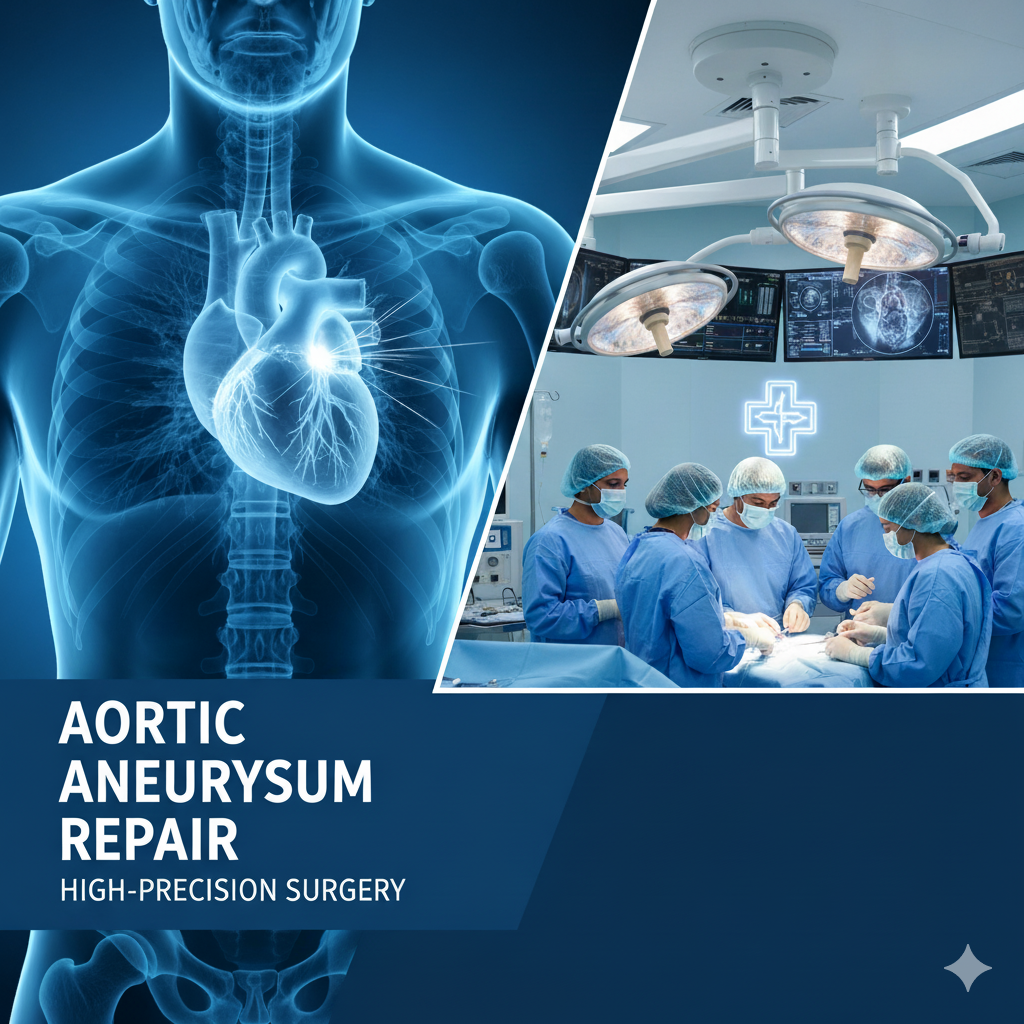 Medical illustration showing the human cardiovascular system highlighting the aorta, alongside surgeons performing high-precision aortic aneurysm repair in a modern operating room.