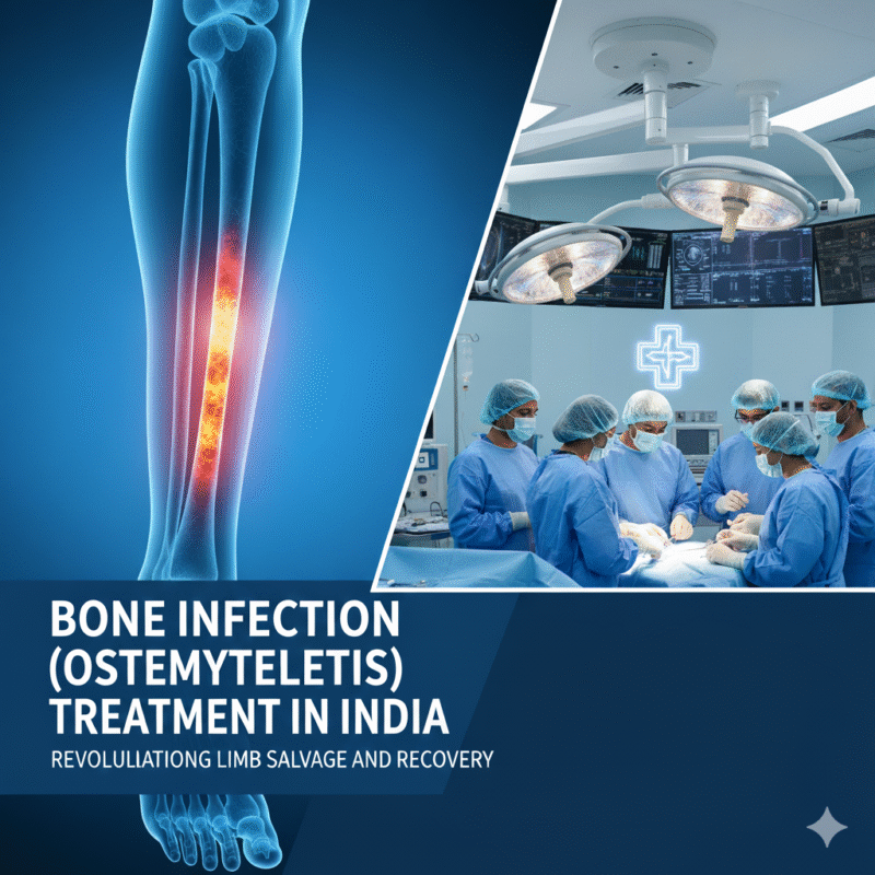 A visual showing a human leg X-ray with the bone highlighted in red and yellow to depict infection (osteomyelitis), alongside an image of surgeons performing surgery in a modern operating room. The text emphasizes “Bone Infection (Osteomyelitis) Treatment in India: Revolutionizing Limb Salvage and Recovery.”