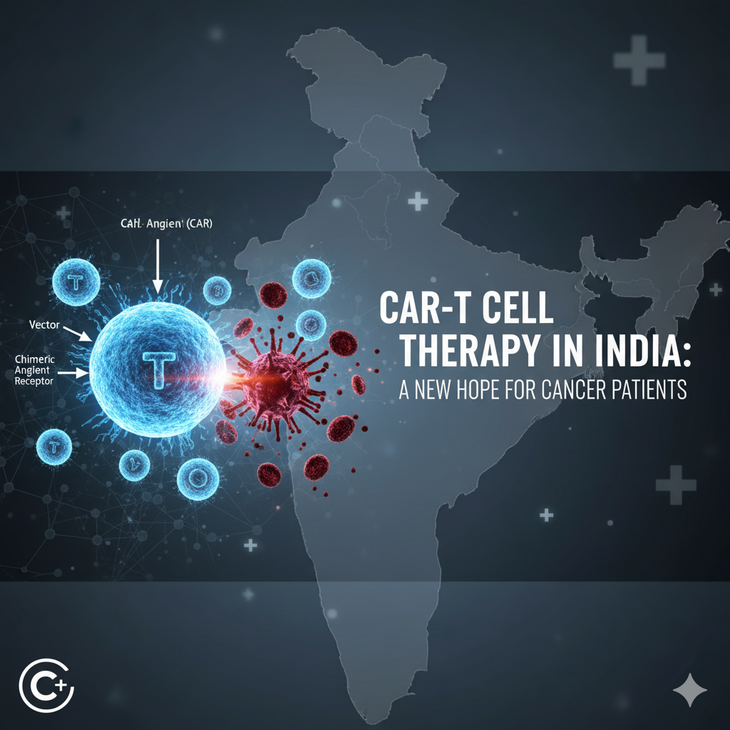 Illustration showing CAR-T cells targeting a cancer cell, with labeled scientific elements such as vector, chimeric antigen receptor, and T cell. The background includes a map of India and medical symbols, alongside the text "CAR-T Cell Therapy in India: A New Hope for Cancer Patients".