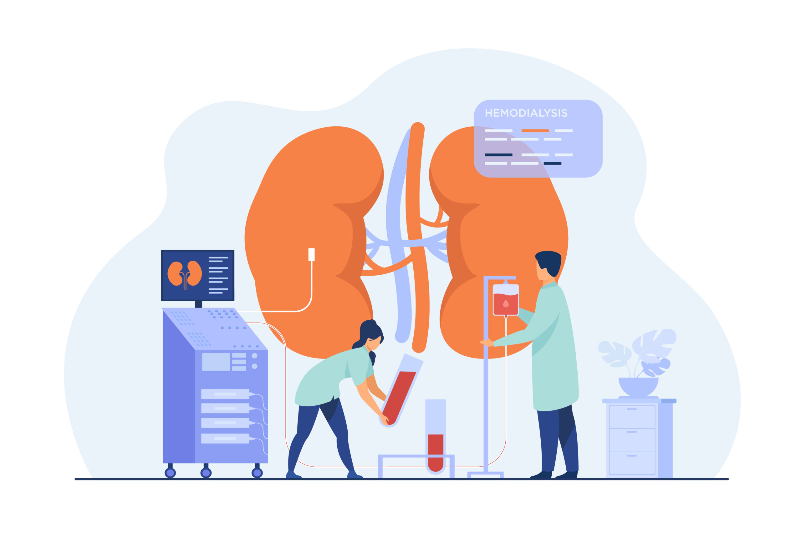 Illustration of two medical professionals conducting a hemodialysis procedure with a dialysis machine and large kidney diagram in the background, representing advanced kidney care and dialysis treatment in India.
