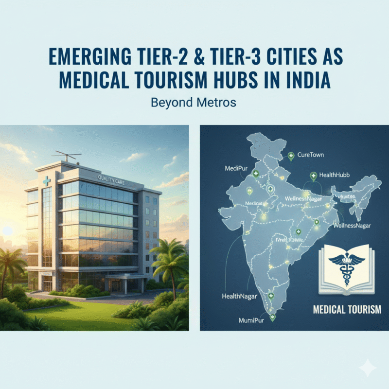 Split image showing a modern hospital building on the left and a map of India on the right with pins marking emerging tier-2 and tier-3 medical tourism hubs — illustrating Medical Tourism Tier-2 Cities India