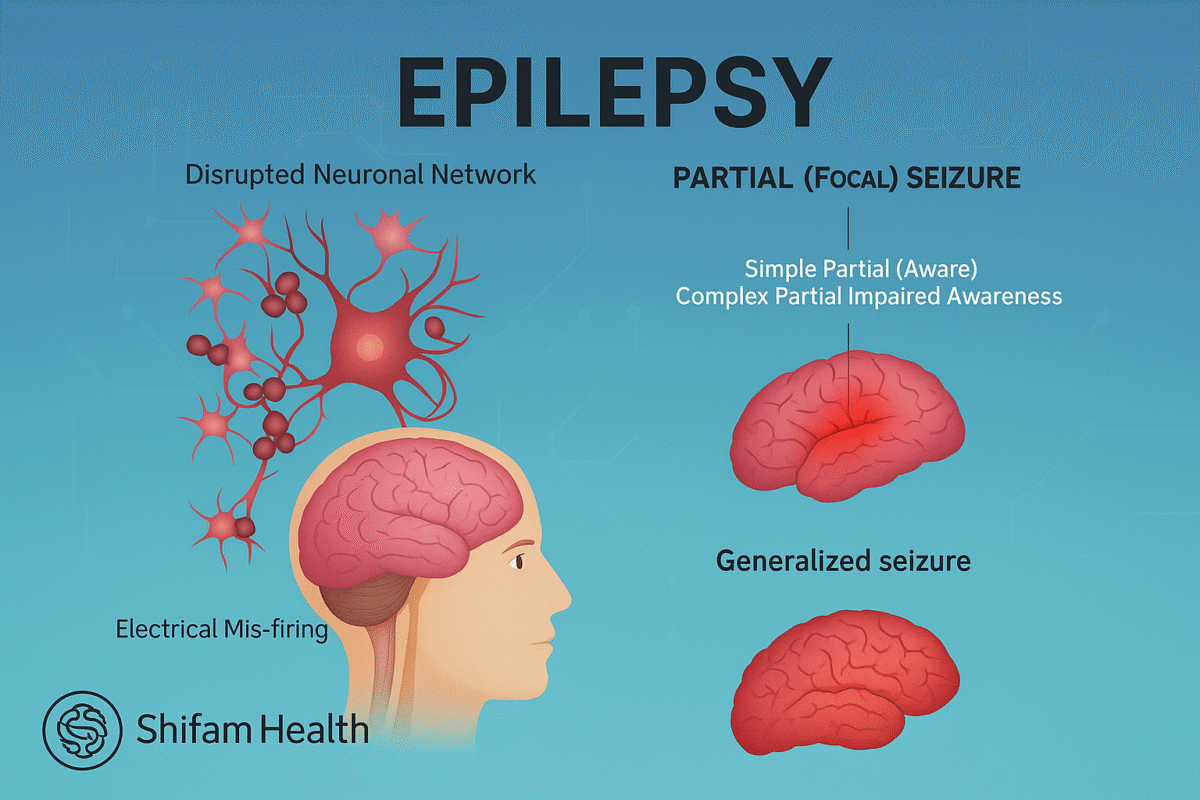 An educational illustration about epilepsy, showing disrupted neurons, types of brain seizures (partial/focal and generalized), and how electrical misfiring in the brain causes epileptic episodes. Labeled brain graphics and neuron images are used, with the words “Epilepsy Surgery India” highlighted.