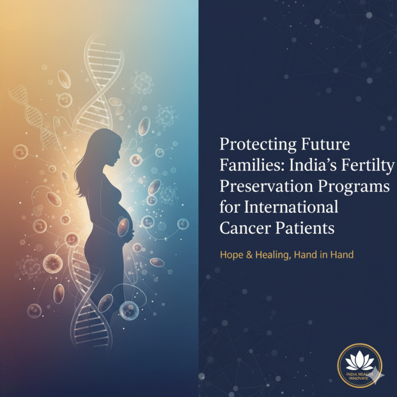 An abstract image featuring the silhouette of a pregnant woman amidst swirling DNA strands and cellular structures, set against a gradient of warm and cool tones, representing fertility, science, and hope.