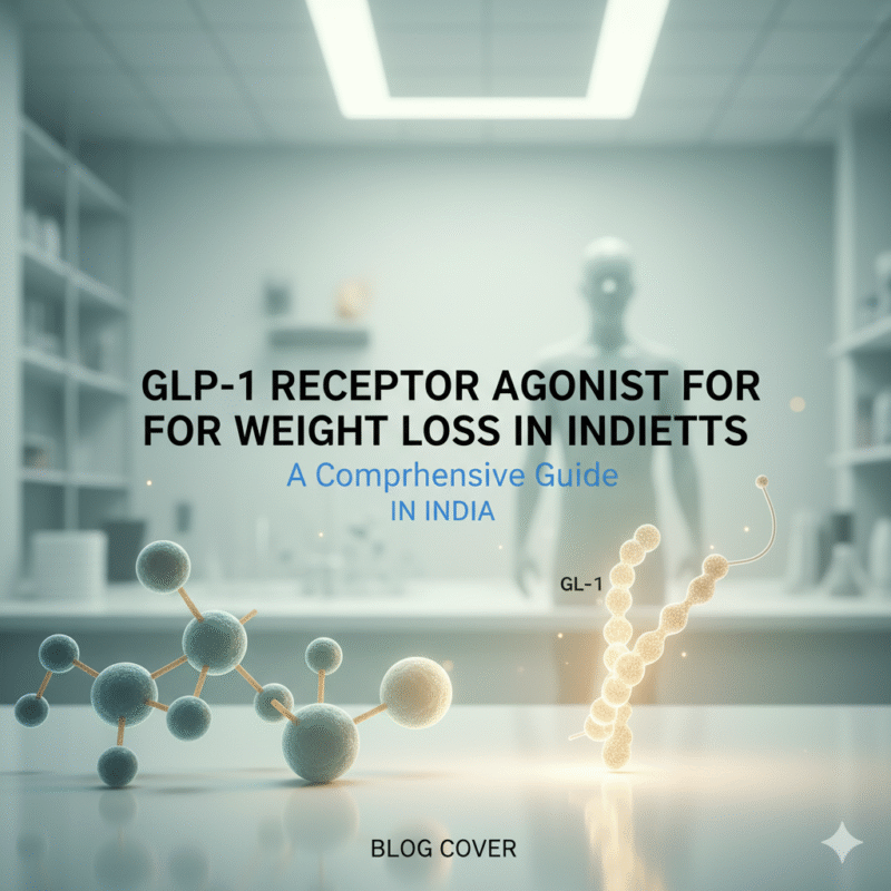 3D illustration of GLP-1 receptor molecules in a futuristic medical lab, representing advanced weight loss treatments with GLP-1 receptor agonists in India.