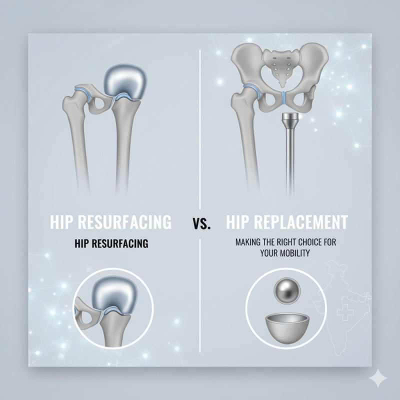 Illustration comparing hip resurfacing (left) and hip replacement (right). Hip resurfacing shows a metal cap placed over the femoral head bone, while hip replacement shows a new prosthetic ball and socket joint being implanted. Each treatment is visually explained with labeled sections.