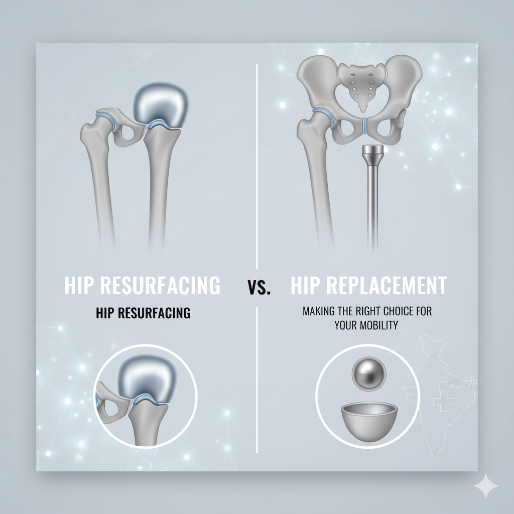 Illustration comparing hip resurfacing (left) and hip replacement (right). Hip resurfacing shows a metal cap placed over the femoral head bone, while hip replacement shows a new prosthetic ball and socket joint being implanted. Each treatment is visually explained with labeled sections.