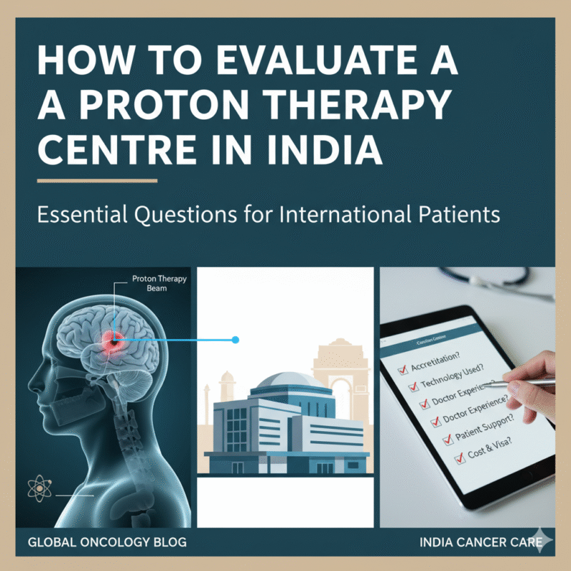 Illustration showing a brain receiving a proton therapy beam, a modern hospital building in India, and a checklist on a tablet with key questions for evaluating a proton therapy centre.