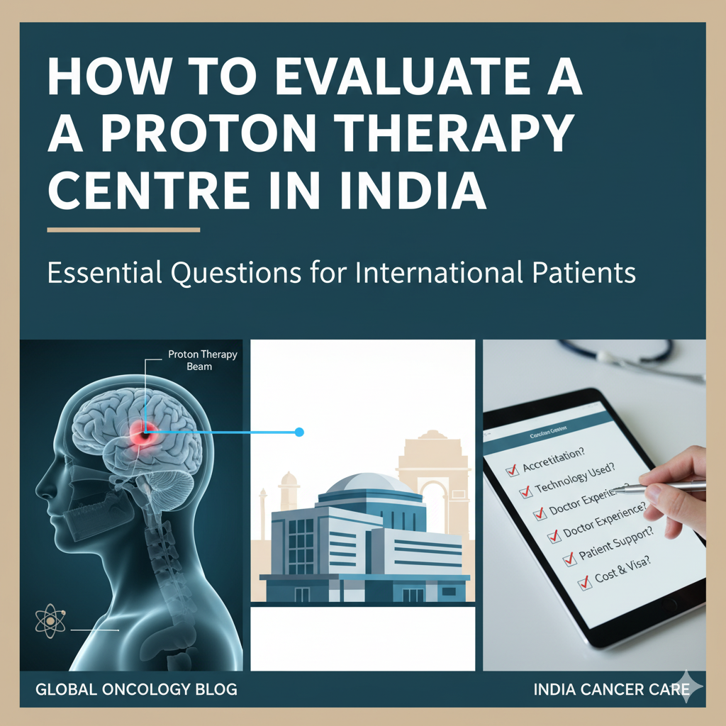 Illustration showing a brain receiving a proton therapy beam, a modern hospital building in India, and a checklist on a tablet with key questions for evaluating a proton therapy centre.