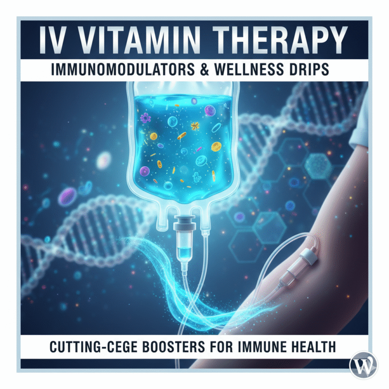 A vibrant illustration showing an intravenous (IV) vitamin infusion bag with colorful micronutrients, connected via tubing to a patient’s arm, with DNA strands in the background. Text highlights “IV Vitamin Therapy: Immunomodulators & Wellness Drips – Cutting-edge boosters for immune health.”
