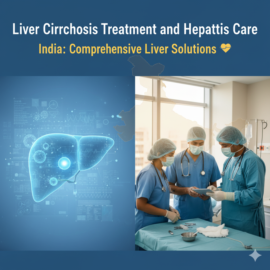 Digital illustration of a human liver paired with a team of doctors discussing treatment in a hospital setting, highlighting India’s expertise in liver disease treatment and hepatitis care.