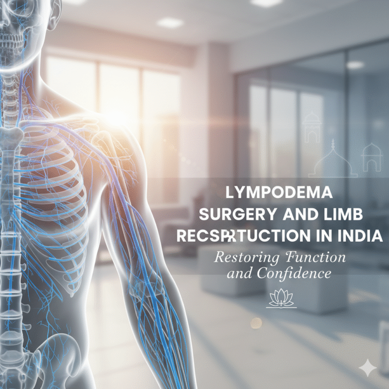 A medical illustration of a person's upper body showing detailed lymphatic and vascular structures. The background features a bright, modern medical clinic. The text reads “Lymphedema Surgery and Limb Reconstruction in India: Restoring Function and Confidence.”