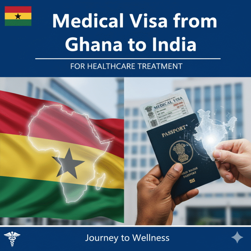 Medical Visa from Ghana to India for Healthcare Treatment — Ghanaian flag with map outline and Indian passport showing a medical visa for travel and treatment.