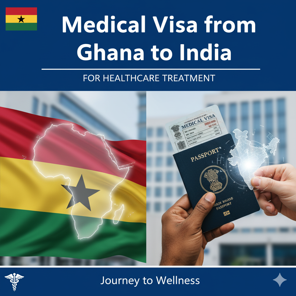 Medical Visa from Ghana to India for Healthcare Treatment — Ghanaian flag with map outline and Indian passport showing a medical visa for travel and treatment.