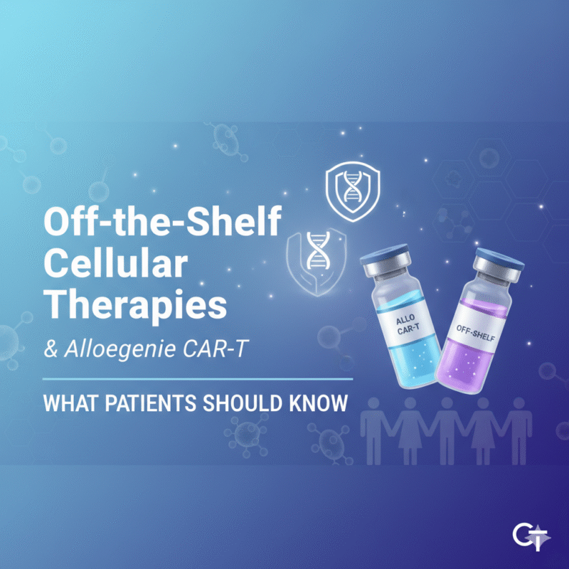 A medical graphic with “Off-the-Shelf Cellular Therapies & Allogeneic CAR-T” features two vials labeled “ALLO CAR-T” and “OFF-SHELF” against a blue, futuristic background, with icons of DNA, a shield, and silhouettes of people.