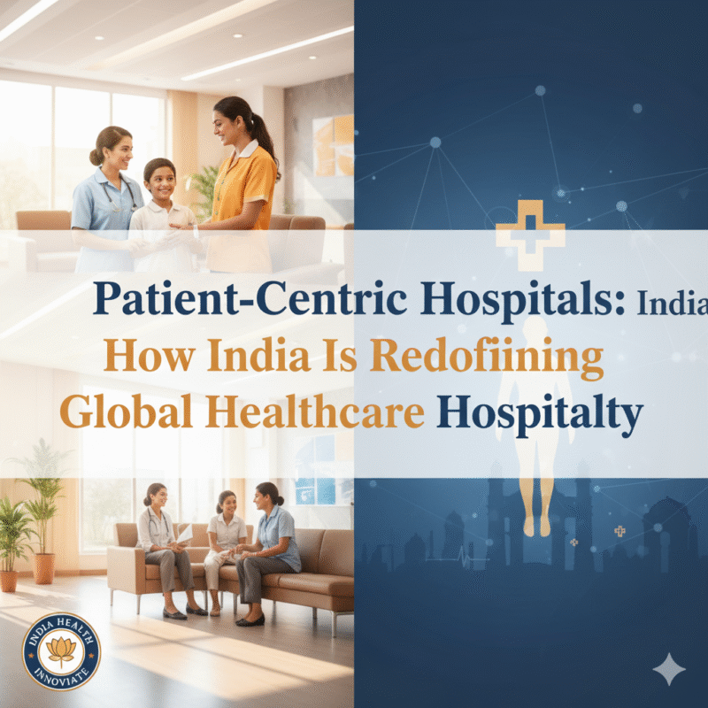 A collage illustrating patient-centric care in Indian hospitals, featuring a nurse and staff with a young patient, a doctor consulting with two female patients on a sofa, and abstract medical graphics.