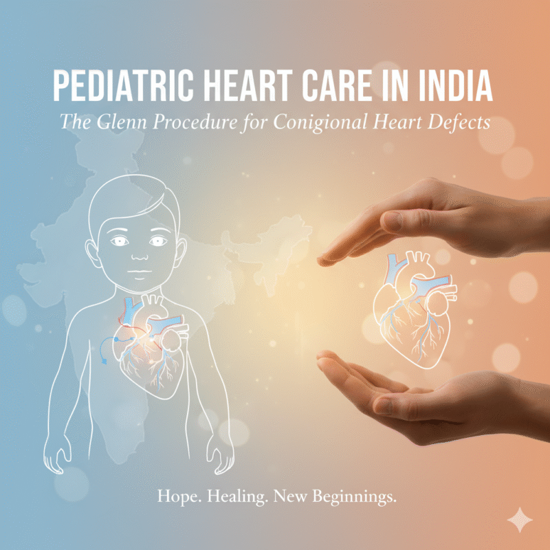 A gentle illustration of a child with a highlighted heart, the map of India in the background, and two hands cradling a stylized heart. The text reads, “Pediatric Heart Care in India: The Glenn Procedure for Congenital Heart Defects. Hope. Healing. New Beginnings.”