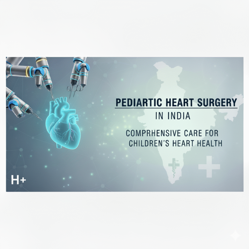 Robotic arms performing heart surgery on a digital human heart, with the text "Pediatric Heart Surgery in India - Comprehensive Care for Children’s Heart Health" over a map of India