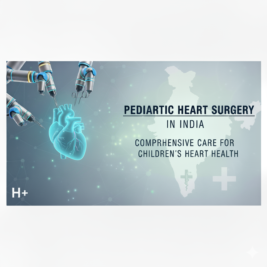 Robotic arms performing heart surgery on a digital human heart, with the text "Pediatric Heart Surgery in India - Comprehensive Care for Children’s Heart Health" over a map of India