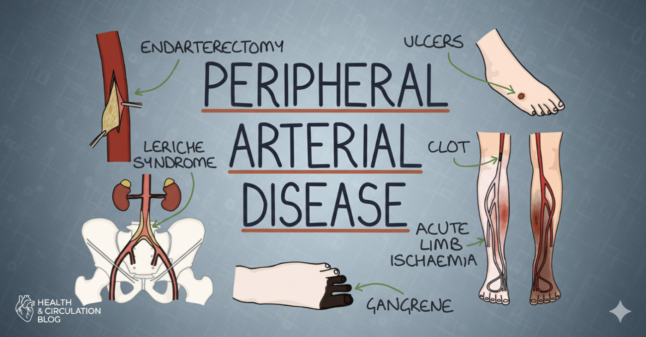Illustration explaining Peripheral Arterial Disease (PAD) with diagrams showing blocked arteries, ulcers, gangrene, Leriche syndrome, and acute limb ischemia, representing symptoms and surgical treatments such as endarterectomy.