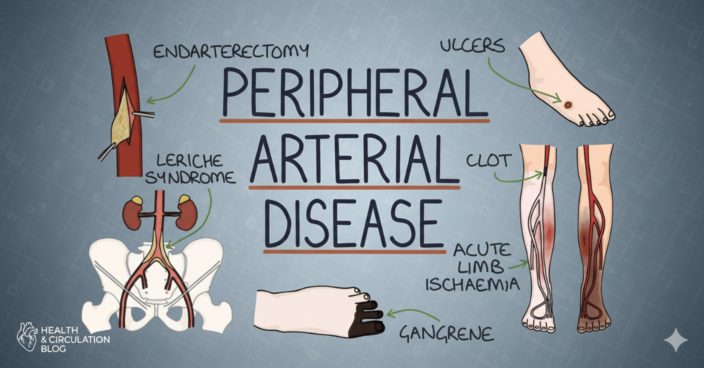 Illustration explaining Peripheral Arterial Disease (PAD) with diagrams showing blocked arteries, ulcers, gangrene, Leriche syndrome, and acute limb ischemia, representing symptoms and surgical treatments such as endarterectomy.