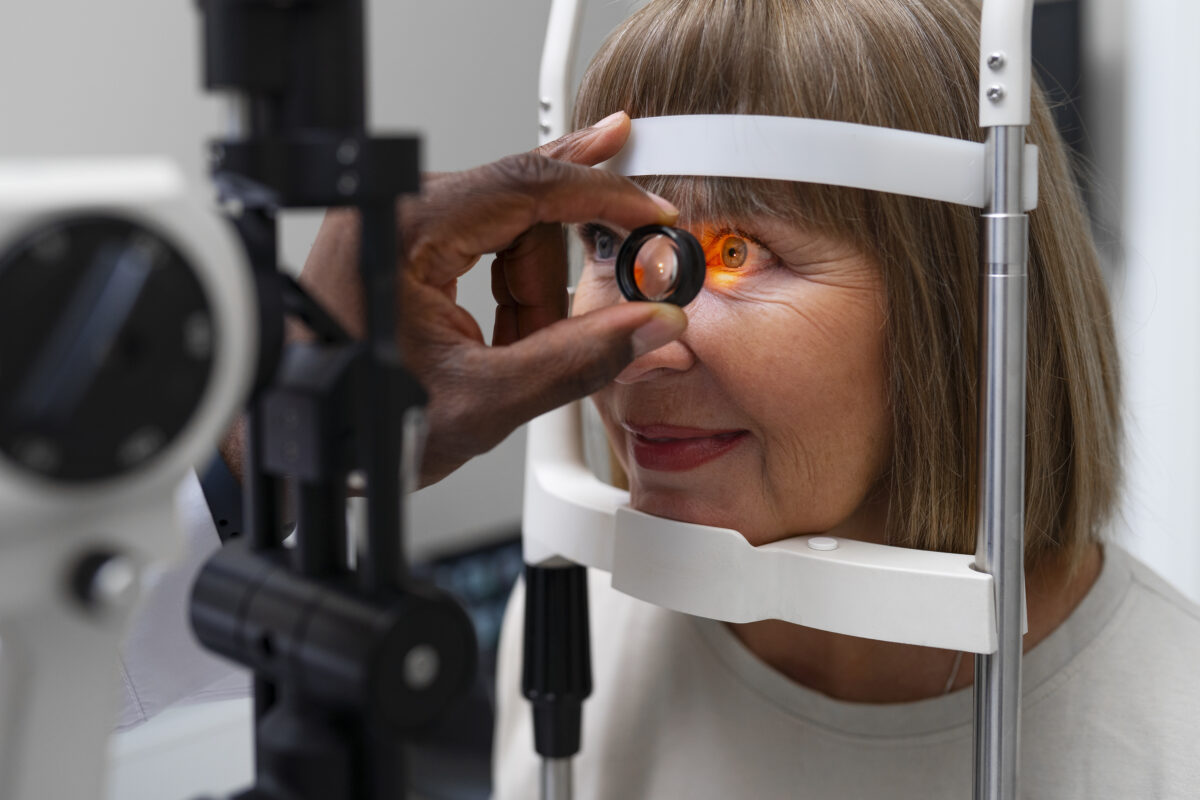 A close-up image of a woman undergoing an eye examination with a slit lamp as an ophthalmologist uses a special lens to inspect her retina. The examination light illuminates her eye during the procedure.