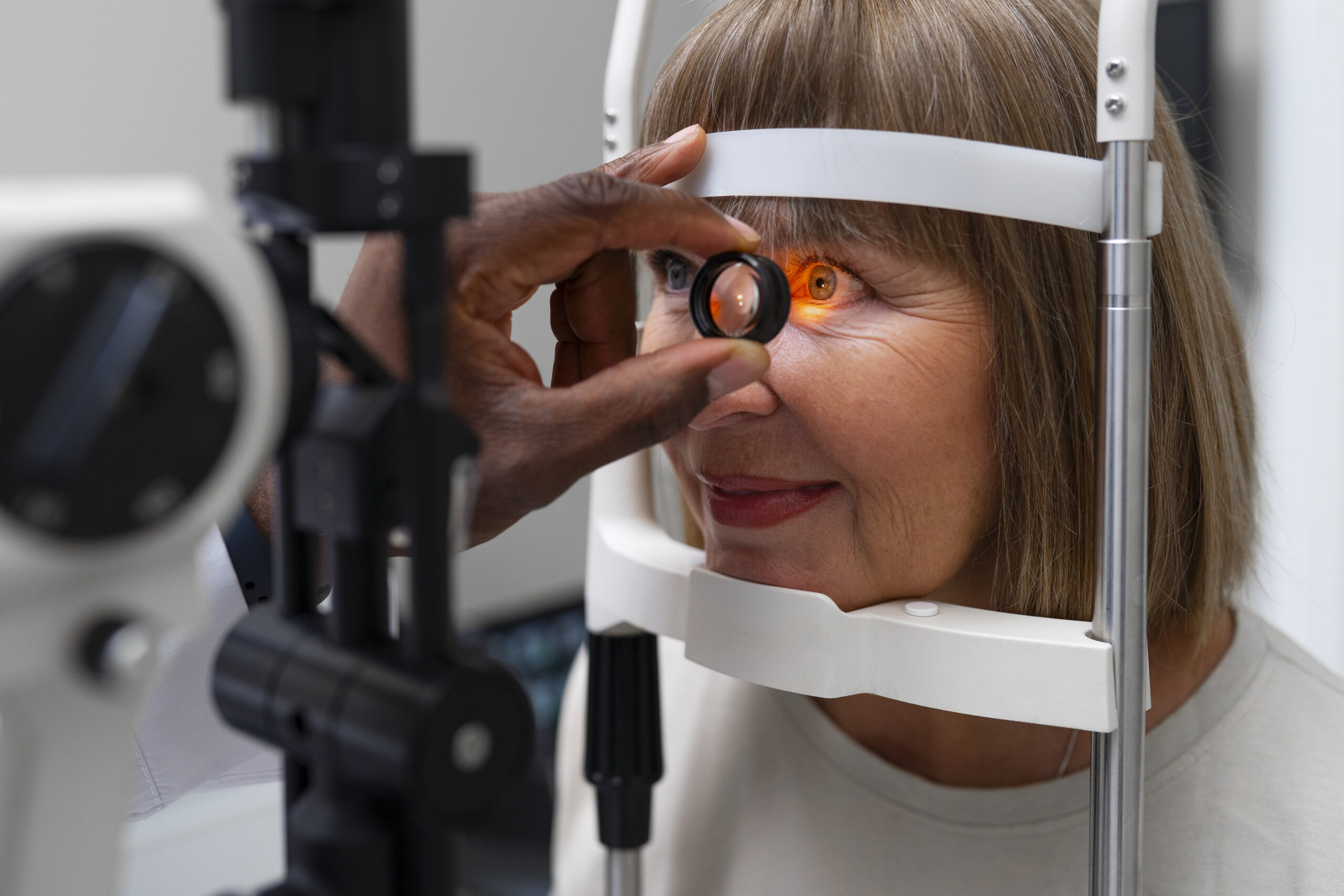 A close-up image of a woman undergoing an eye examination with a slit lamp as an ophthalmologist uses a special lens to inspect her retina. The examination light illuminates her eye during the procedure.