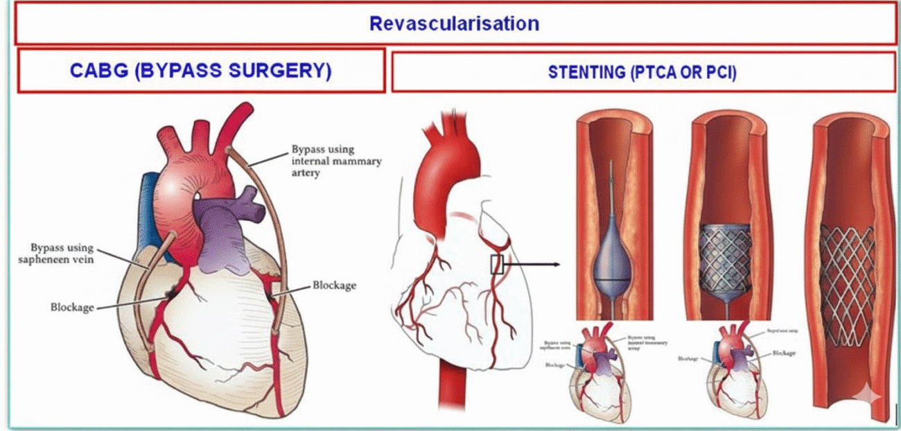 Medical illustration comparing Stent vs Bypass Surgery for coronary artery blockage treatment, showing angioplasty with stent placement and CABG procedure in India.
