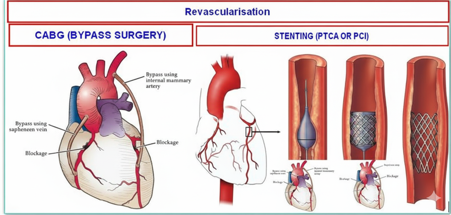 Medical illustration comparing Stent vs Bypass Surgery for coronary artery blockage treatment, showing angioplasty with stent placement and CABG procedure in India.