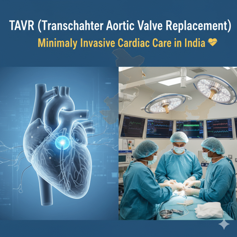 Medical illustration of a human heart alongside a team of surgeons performing Transcatheter Aortic Valve Replacement (TAVR) surgery in India, highlighting advanced minimally invasive cardiac care.