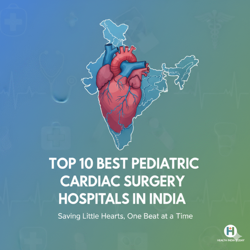 An illustrated human heart is positioned over the map of India, with the title “Top 10 Best Pediatric Cardiac Surgery Hospitals in India” and the subtitle “Saving Little Hearts, One Beat at a Time.”