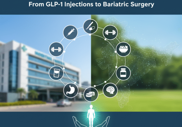 A modern graphic compares hospital and wellness settings with icons representing weight loss treatments (syringe, dumbbell, diet, pills, stomach, scale, brain, glass of water) arranged in a circle. The title text reads, “Top 10 Weight Loss Treatment Options in India: From GLP-1 Injections to Bariatric Surgery.”