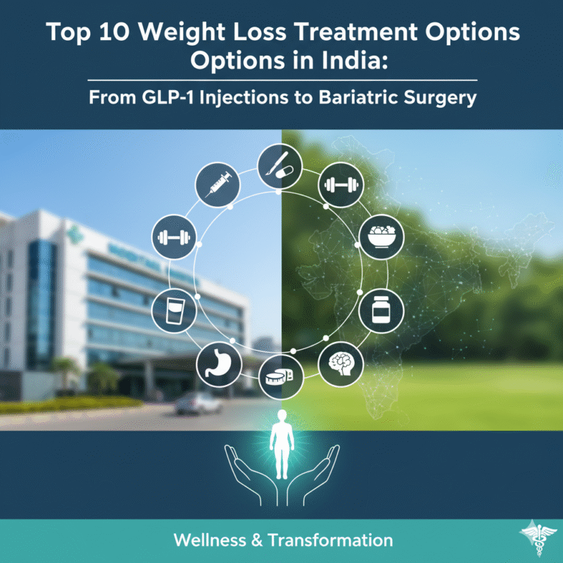 A modern graphic compares hospital and wellness settings with icons representing weight loss treatments (syringe, dumbbell, diet, pills, stomach, scale, brain, glass of water) arranged in a circle. The title text reads, “Top 10 Weight Loss Treatment Options in India: From GLP-1 Injections to Bariatric Surgery.”