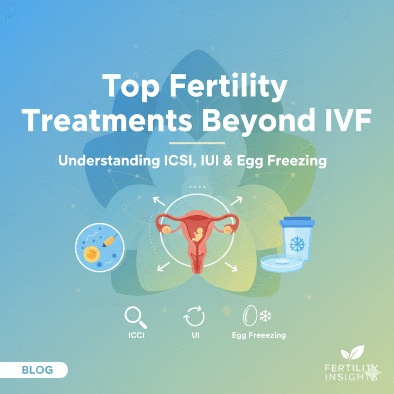 A pastel medical graphic titled “Top Fertility Treatments Beyond IVF: Understanding ICSI, IUI & Egg Freezing” features icons for intracytoplasmic sperm injection, intrauterine insemination, and egg freezing, with a central uterus illustration.