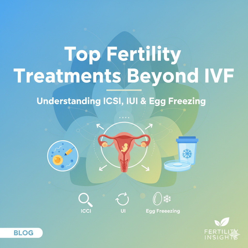 A pastel medical graphic titled “Top Fertility Treatments Beyond IVF: Understanding ICSI, IUI & Egg Freezing” features icons for intracytoplasmic sperm injection, intrauterine insemination, and egg freezing, with a central uterus illustration.