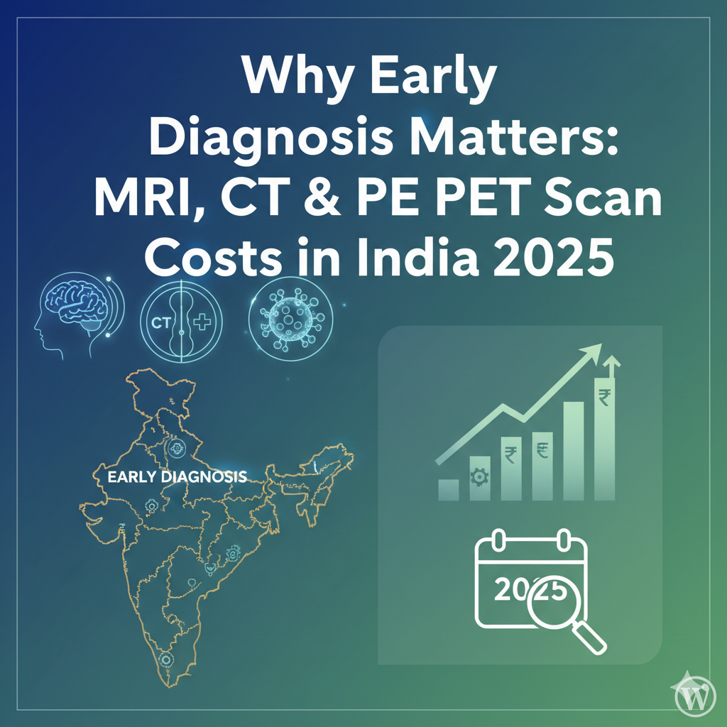 A digital infographic reads, “Why Early Diagnosis Matters: MRI, CT & PE PET Scan Costs in India 2025.” It features icons for brain, CT, diagnostics, and a cost bar chart with a map of India highlighting "Early Diagnosis."