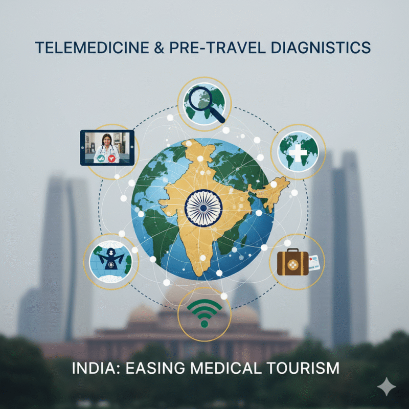 Map of India connected globally with healthcare icons showing telemedicine, diagnostics, and travel assistance — representing how telemedicine supports medical tourism in India.