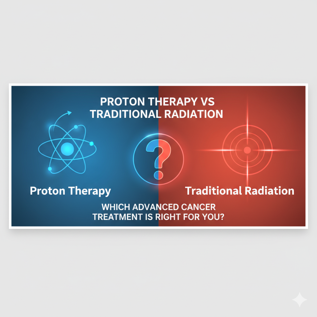 A split graphic showing the comparison between Proton Therapy and Traditional Radiation for cancer treatment, with blue atomic imagery on the left and red target imagery on the right.