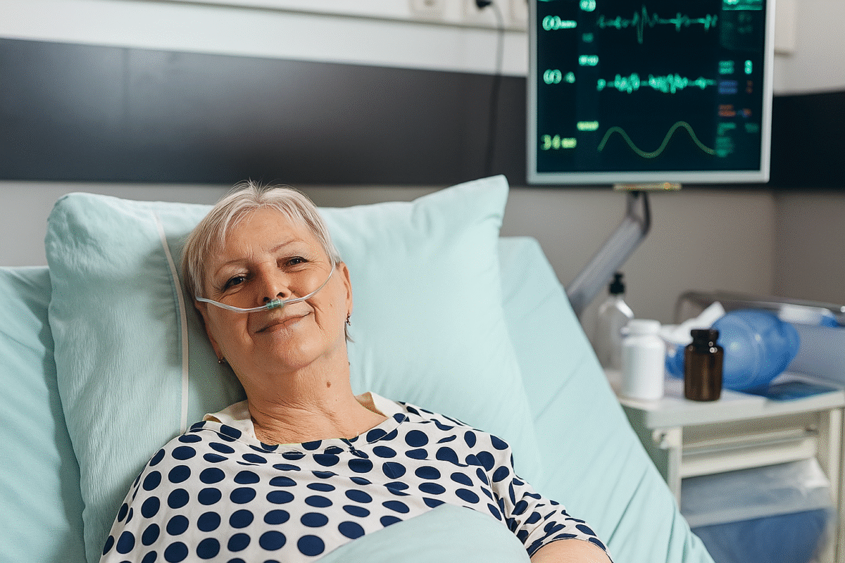 Elderly woman smiling while resting on a hospital bed in India, symbolizing compassionate geriatric medical travel and post-operative care.