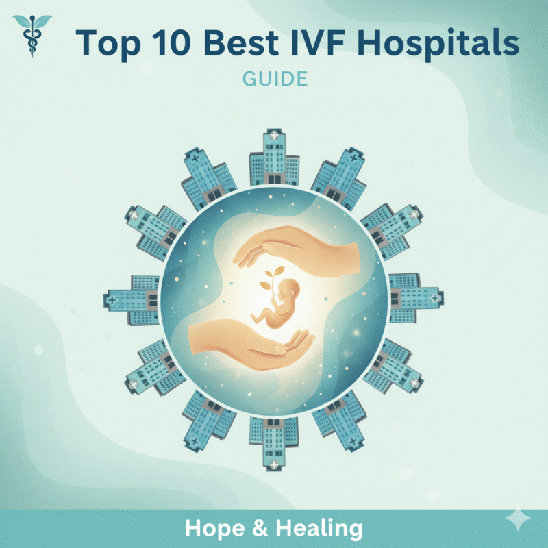 Illustration of nurturing hands holding a baby sprout surrounded by hospitals, symbolizing fertility care and hope — representing the Top 10 Best IVF Hospitals in Delhi.