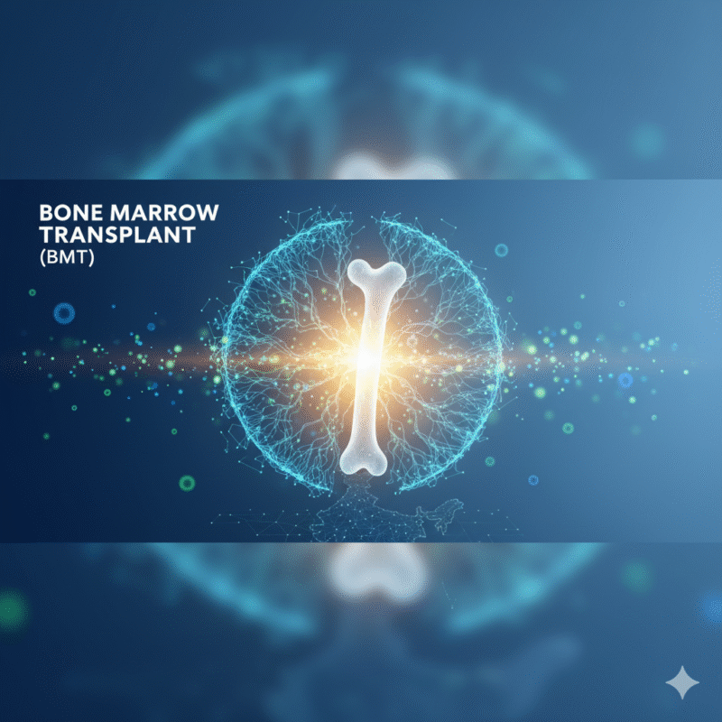 A stylized illustration shows a glowing bone surrounded by intricate blue neural and molecular patterns, set against a radiant background, with the text “Bone Marrow Transplant (BMT)” in the top left corner.