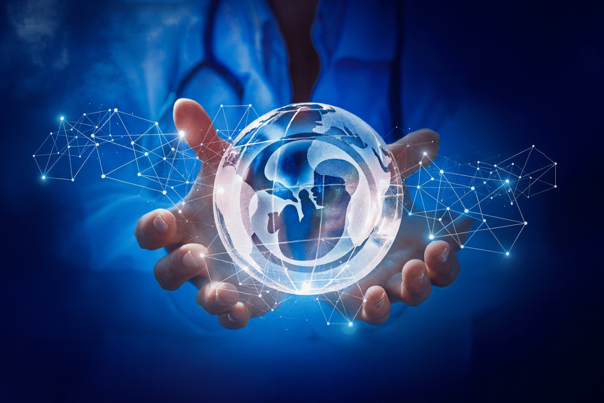 A doctor holding a glowing digital globe with an embryo silhouette inside, symbolizing global IVF care, medical innovation, and advanced reproductive technology.