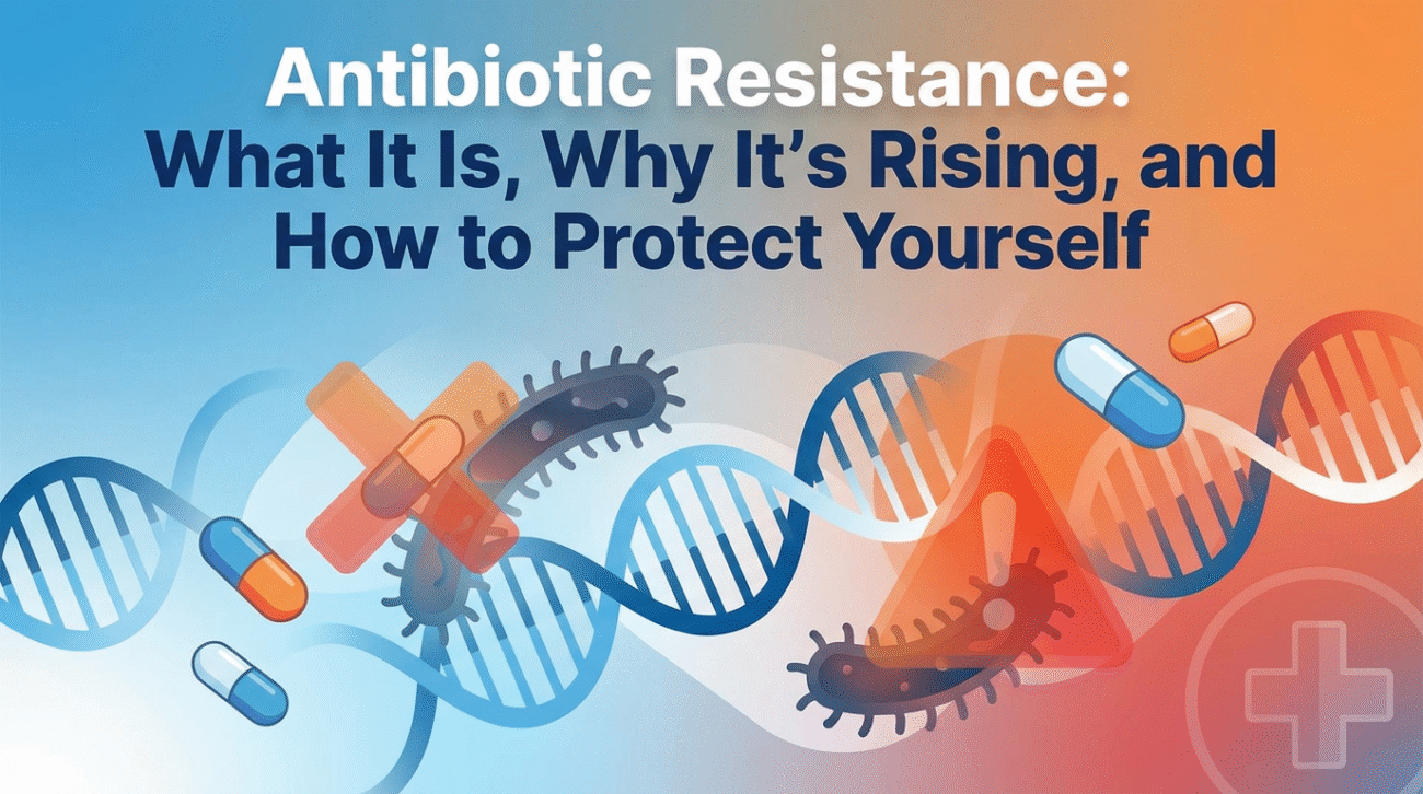 Illustration showing DNA strands, bacteria, warning signs, and antibiotic pills with a headline about antibiotic resistance and how to protect yourself.
