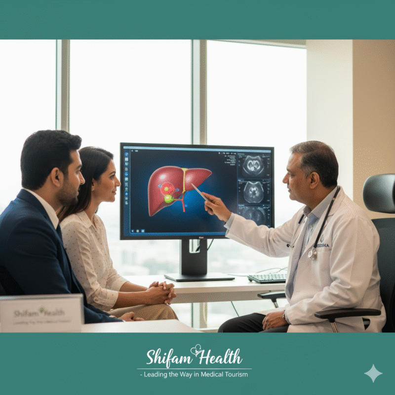 Liver cancer specialist explaining treatment options to an international patient in a modern Indian hospital — highlighting advanced oncology care, affordable treatment costs, and top liver transplant hospitals in India 2026.