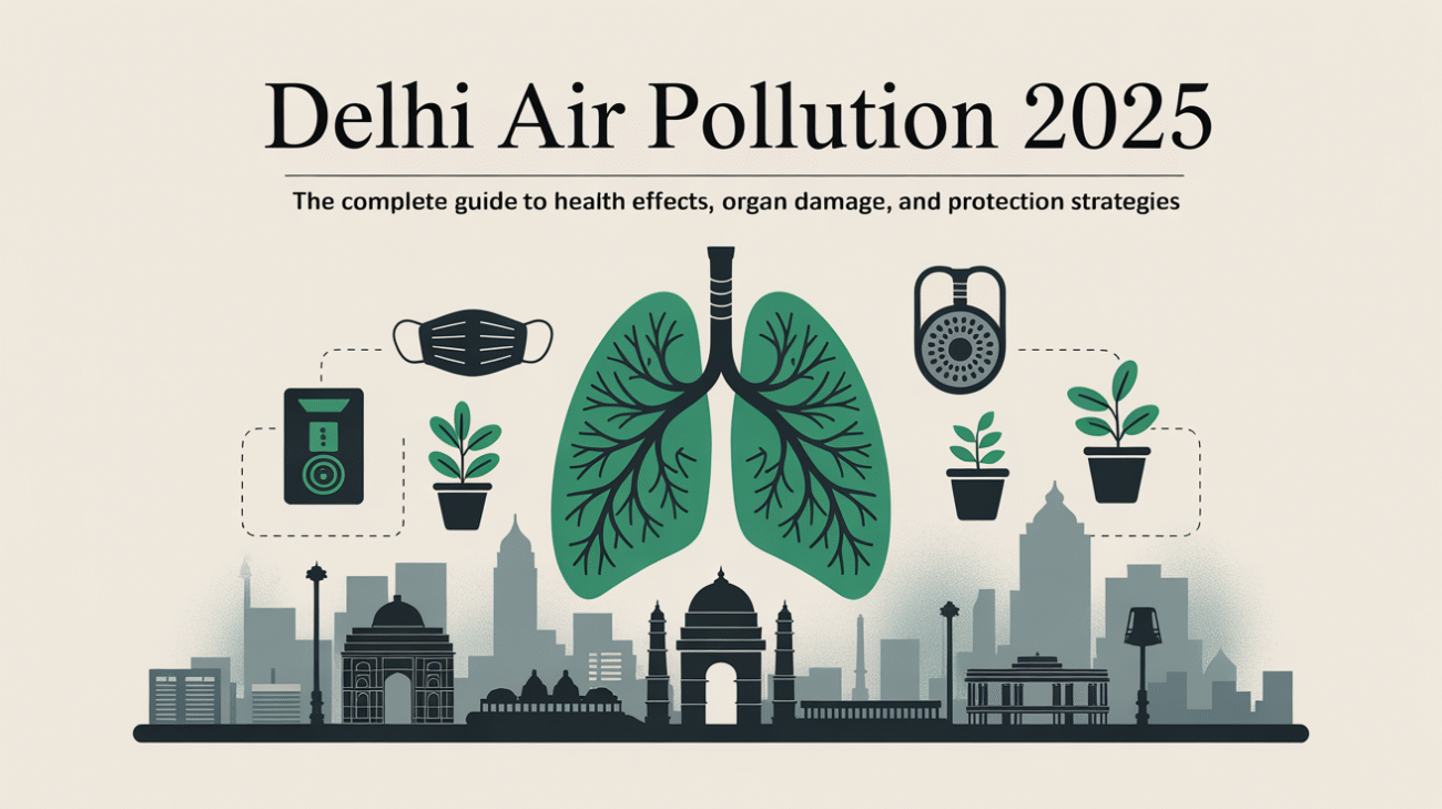 Illustration depicting the impact of Delhi’s air pollution on health and organs in 2025. The image shows a city skyline with prominent Delhi landmarks beneath a large pair of green lungs surrounded by icons like face masks, air purifiers, and plants, symbolizing protection and clean air efforts.